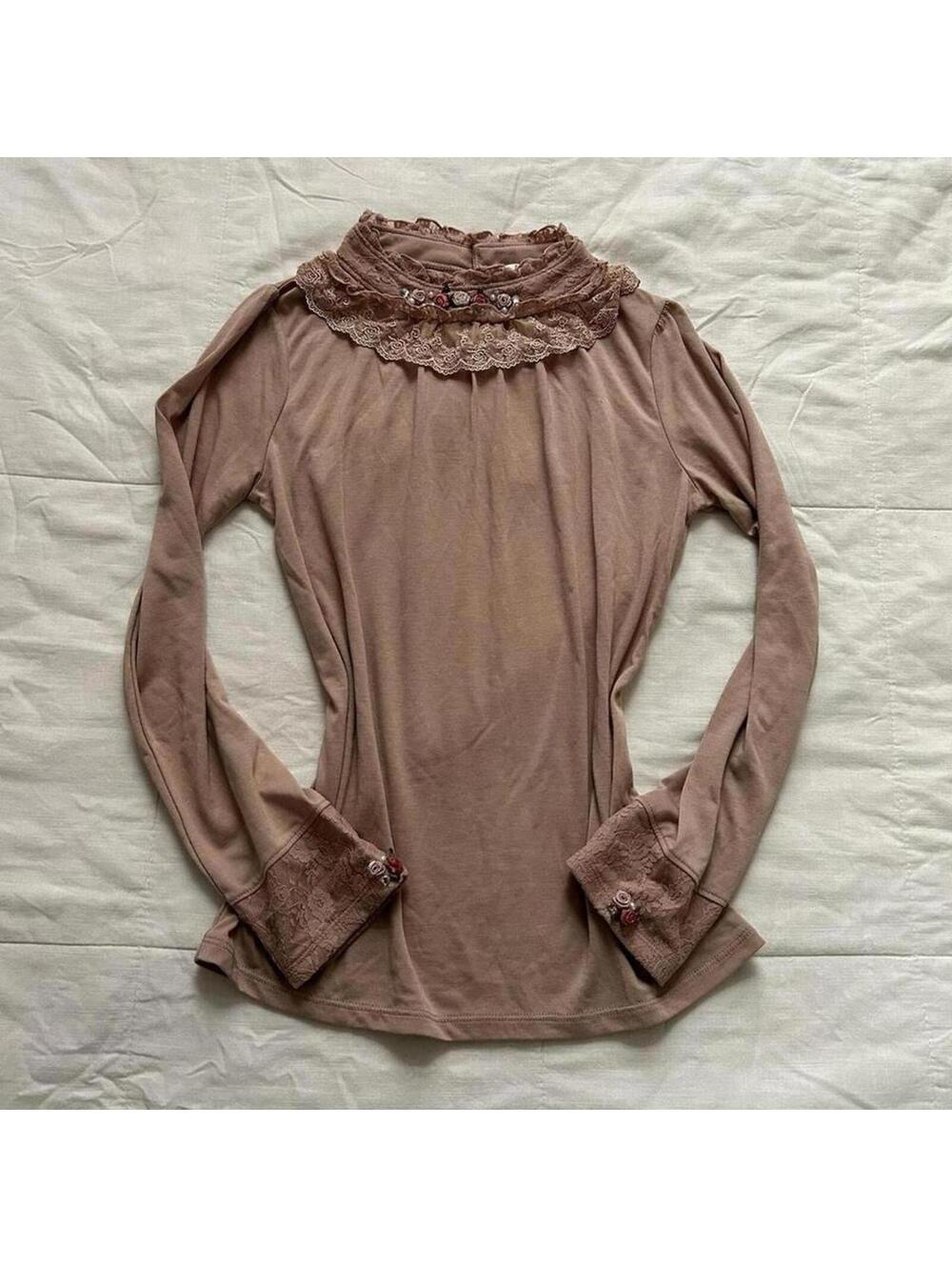 NWT Axes Femme Mauve Pink Ruffle Neckline Rosette Lace Top Medium